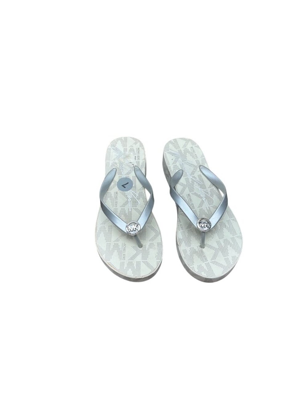 Michael Kors MK Logo Flip Flops White Silver Thong Sandals Size 7